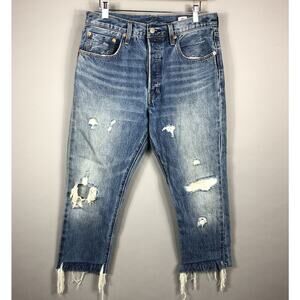 Levi's 501 White Oak Cone Distressed Crop Jeans Womens 30 x 22 Blue Button Fly